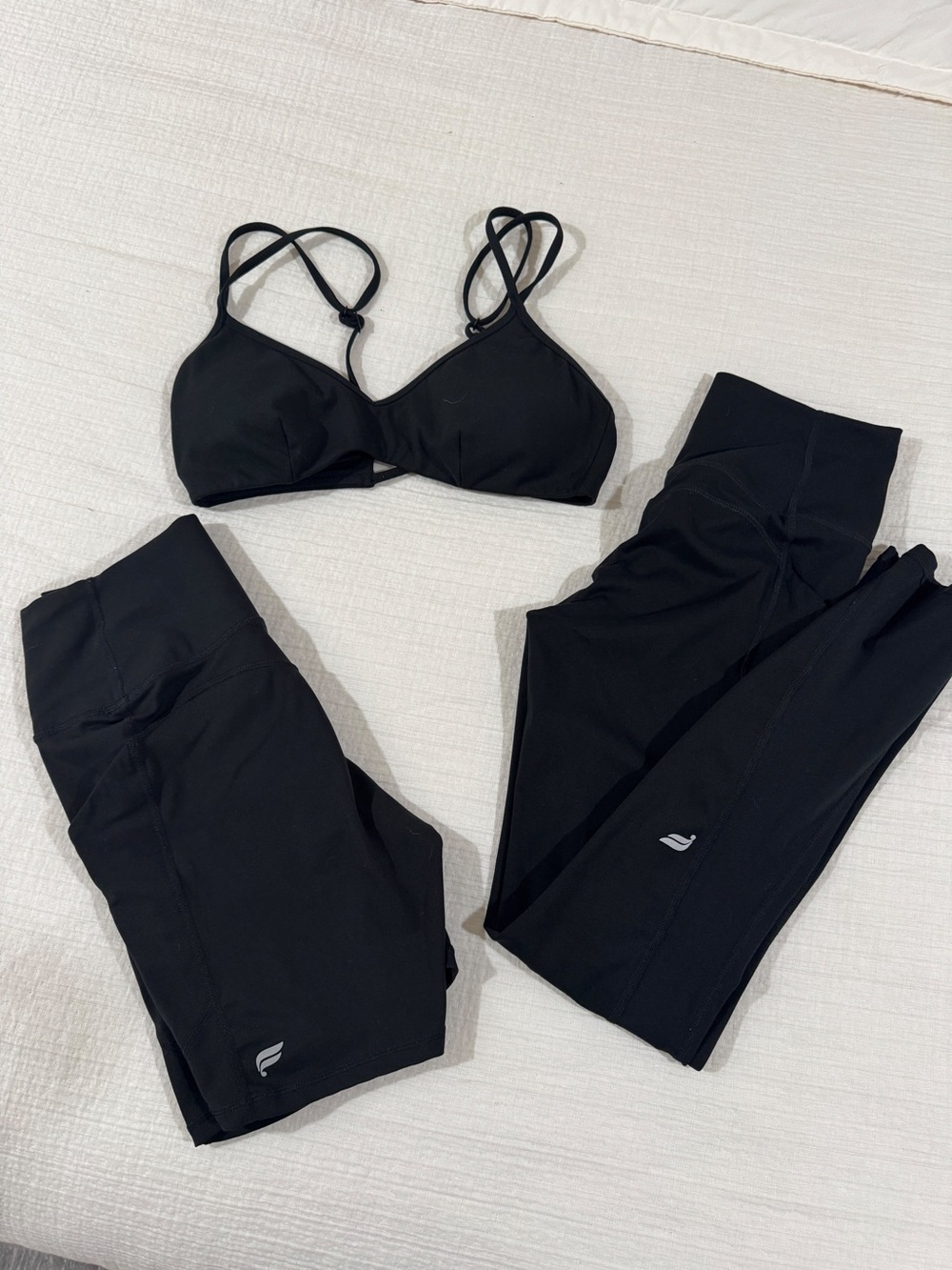Fabletics black sport bra and matching black leggings and short  3 pz set